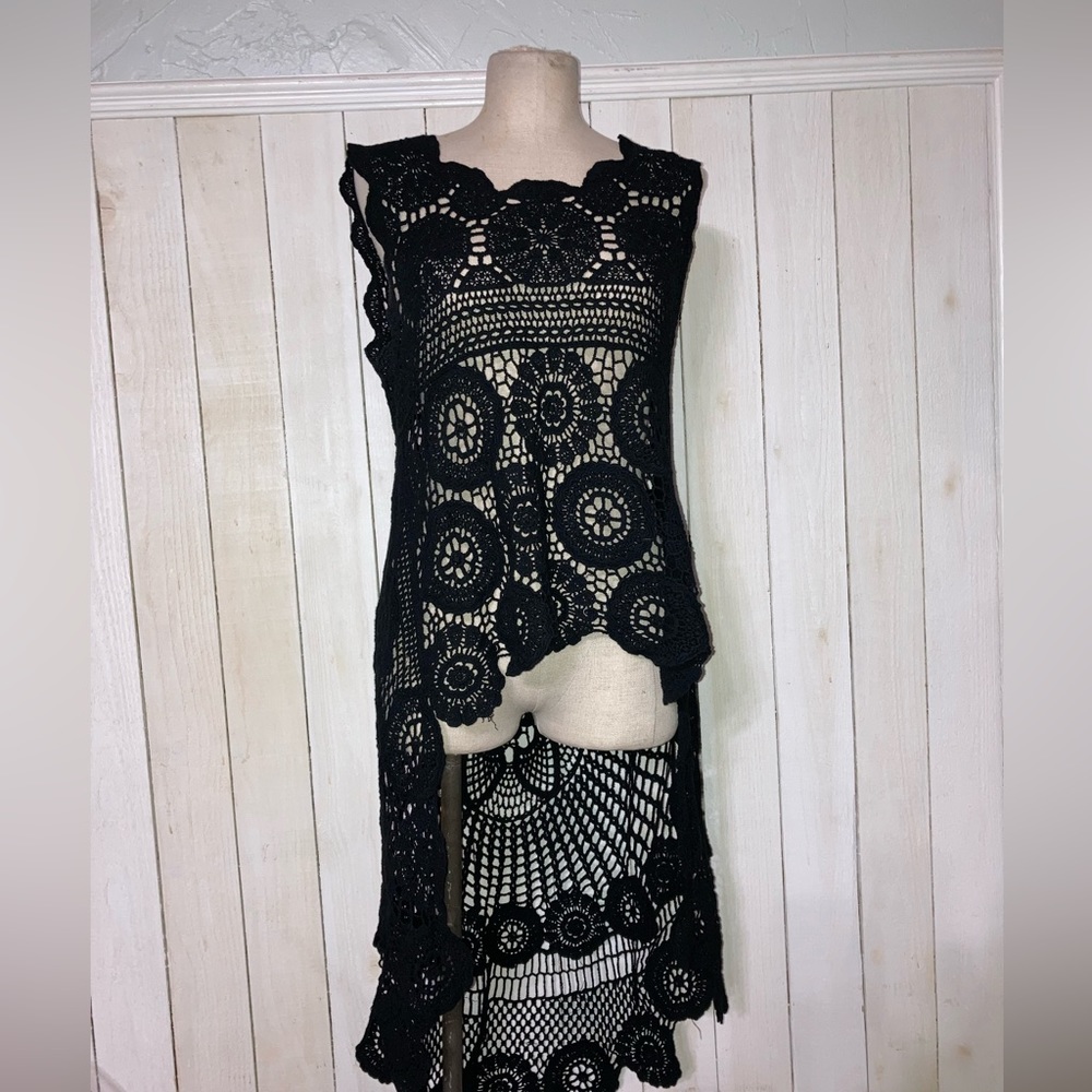 Adora Crochet Tunic Cover Up Caftan Beach Aloha Black Sleeveless Loose Knit S/M